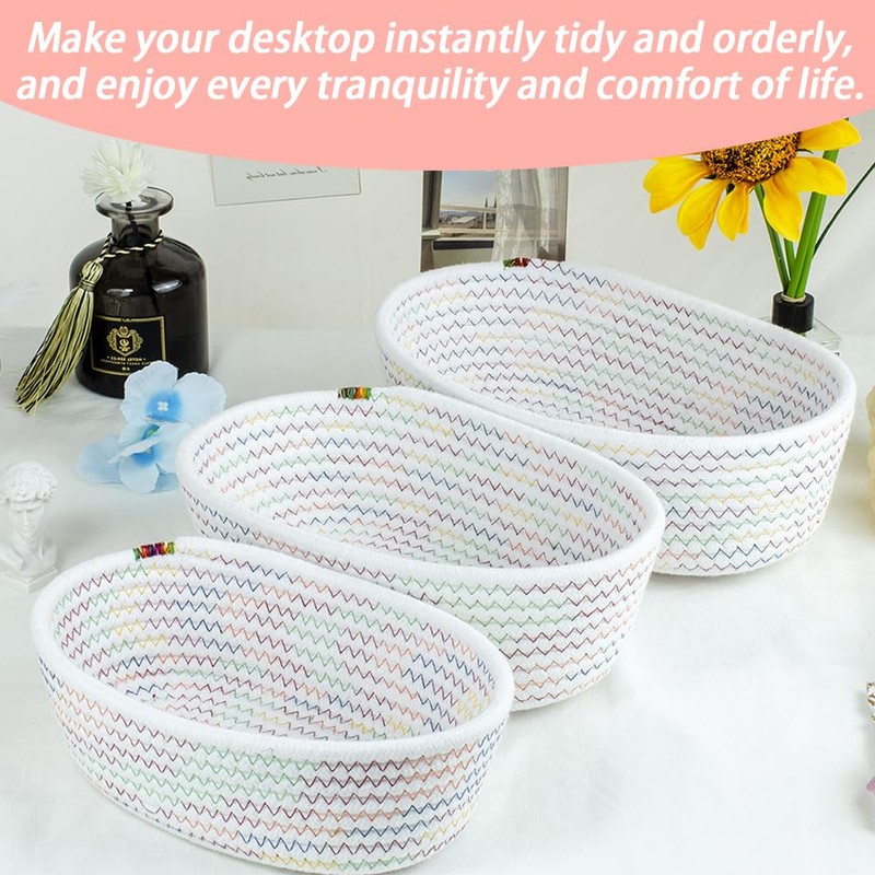 TOMVAES 3-Pack Woven Cotton Rope Storage Baskets, Oval Small, Medium,