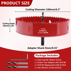 LC LICTOP 6.3 Inch Hole Saw, Heavy Duty Bi-Metal Cornhole Cutter, HSS Blade Drill Bit for Ceiling Light, Wood, Soft Metal Sheet, Plastic Panel, Drywall and Fiberboard, with Positive Rake Teeth, Red