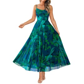 BTFBM Women Summer Floral Maxi Dresses Elegant Spaghetti Strap Dress Printed Party Dress Beach Long Dresses(Floral Green,Large)