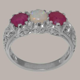 925 Sterling Silver Womens ring Natural Opal & Ruby Anniversary ring - Size 7.5