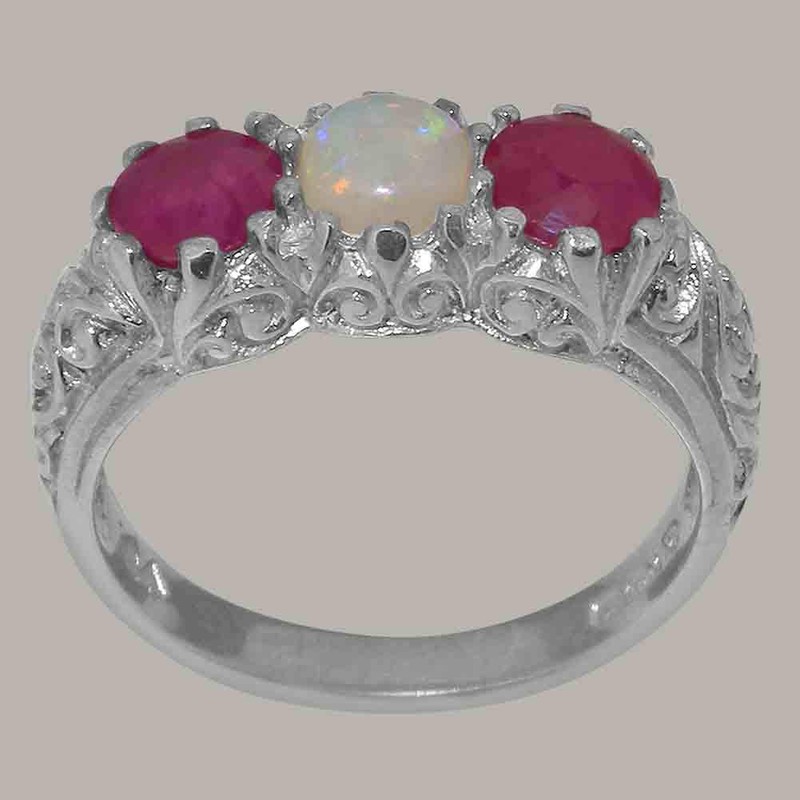 925 Sterling Silver Womens ring Natural Opal & Ruby Anniversary