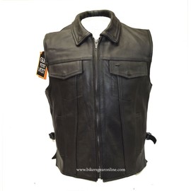 Men's Motorcycle Son of Anarchy Style Club Leather Vest 2 Gun Pockets Black New (L Regular)