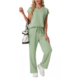 GRECERELLE Tuta da donna, set completo estivo a maniche corte, abbigliamento da salotto per donna, abiti a due pezzi, casual, girocollo, top da donna e pantaloni sportivi da palestra con tasche, Verde