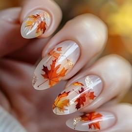 24 Pcs Fall Almond Press on Nails Medium,Nude Fake Nails with Maple Leaves Design Thanksgiving False Nails Artificial Acrylic Nails Press ons Reusable Almond Nails Glue on Nails for Women