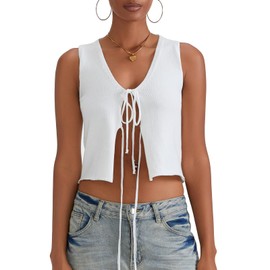 Edhomenn Women Stripe Knitted Vest V-Neck Sleeveless Front One Button Sweater Vest Fashion Y2k Tank Tops Streetwear (04 White, m)
