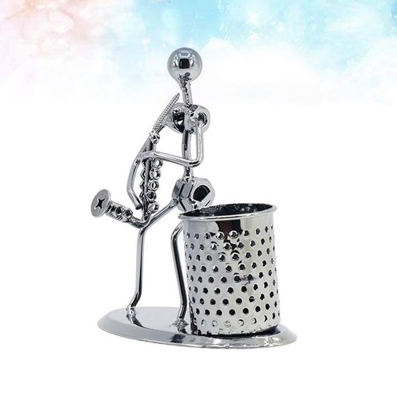 Metal Art Pen Pencil Holder Iron Saxophone Man Music Figure