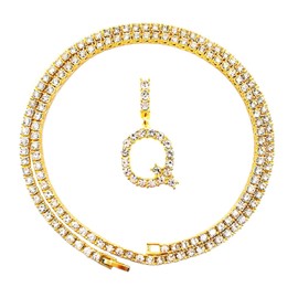 HH BLING EMPIRE Gold Silver Diamond Initial Necklaces for Women, Iced Out Initial Letter Pendants with Cz Diamond Tennis Necklace Chains, Alphabets A to Z letter necklace 18 Inch (Q-Gold)