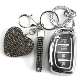 YIKECASE Key Fob Cover with Diamond Keychain Car Key Holder Case Compatible with Hyundai Elantra Ioniq Sonata Tucson Elantra GT Smart Remote Key Protector for Women, 4 Buttons (Black-Heart)