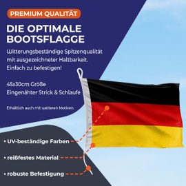 FLAGLY Premium Boat Flag Germany 30 x 45 cm - Ship Flag Cloth, 160 g/m² Fabric Weight - Robust and Weather-Resistant with Knit & Loop, Boat Accessories Motor Boat (30 x 45 cm, Germany)