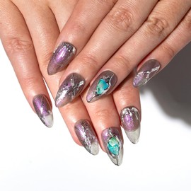 TENPAL Short Almond Press On Nails Aurora Translucent Black Stereoscopic Metal Shape Almond Nails Wearable Fake Nails With Glue 10pcs/Box Y2k Black Cool False Nails Press Ons Glue on Nails Short(S)