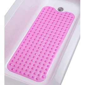 TIKE SMART Extra-Long Non-Slip Bathtub & Shower Mat 39âx16â (Smooth/Non-Textured Tubs Only) Safe, Clean, Machine-Washable, Superior Grip&Drainage, Vinyl, Transparent Pink