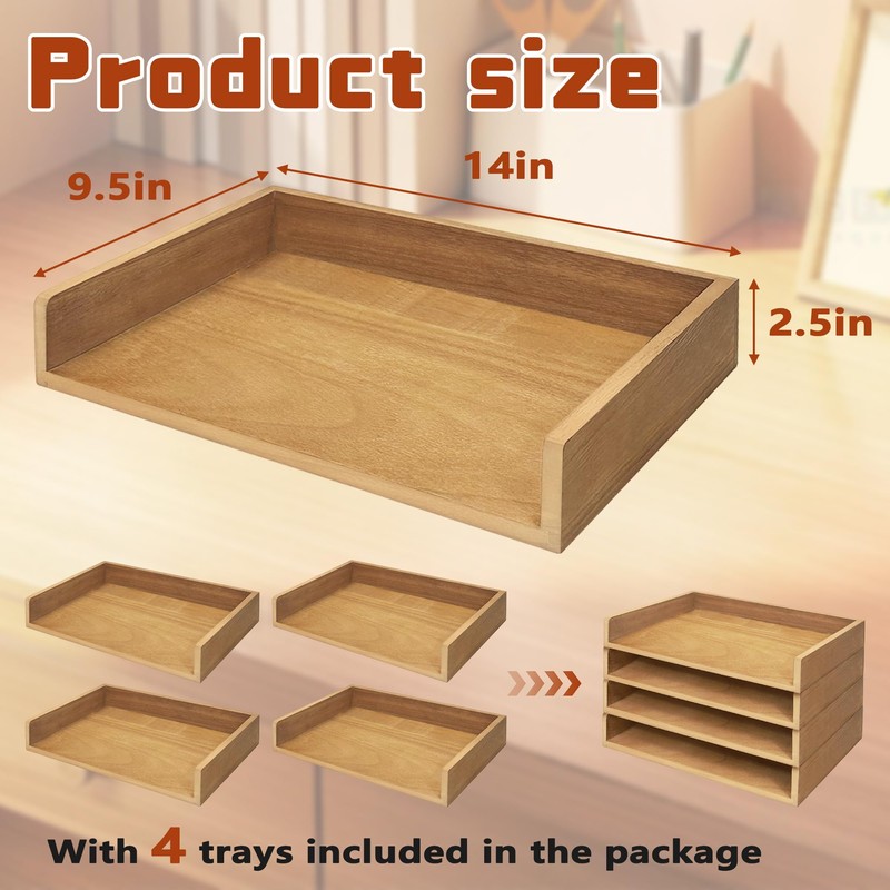 Prolee Stackable Paper Tray,Wooden Paper Organizer for Desk with 4
