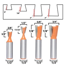 Akylin 6Pcs Dovetail Router Bits Set 1/2" Shank, 7°&14°Dovetail Jigs for Composition Material Drawers and Boxes Jointing,Grooving