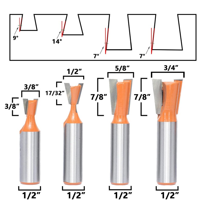 Akylin 6Pcs Dovetail Router Bits Set 1/2" Shank, 7°&14°Dovetail Jigs