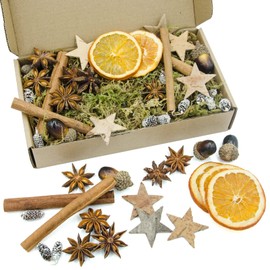 Pextian 67-Piece Mix Christmas Decoration Advent Wreath Set with Cinnamon, Orange Slices, Birch Stars, Yellow Green Decorative Moss for Craft Supplies, Mix Christmas Craft Set for Winter Holiday