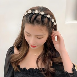 3 Piece Hair Band with Clips, Floral Headband with Clips, Double Fringe Hair Clip with Rhinestones, Women Hair Bands Clip On Hair Styling Aids for All Hair Types and Hairstyles (Dark, Nomal)