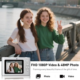 Camera Selfie 1080P HD Video Dual Lens, 48MP Digital Point and Shoot Cameras with 8X Zoom, Fill Light & 32GB SD Card, Vintage Compact Small Camera for Boys Girls Kids (Silver)