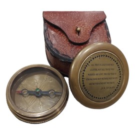 Dolchi Tolkien-Inspired Vintage Brass Compass with Leather Case - Magnetic Directional Compass for Navigation, Camping, Hiking, and Touring - 'Not All Who Wander are Lost' - Unique Gift