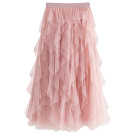 Velinsak Skirts for Women Long Length Tutu Tulle Skirt Fairy Tiered A Line High Waist Flowy Skirts A-Pink One Size