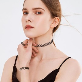 soodyoow Pack of 15 Stretch Collars, Black, 3 Sets Choker Necklace Sets, Bracelet, Rings, Elastic Tattoo Necklace for Girls, Women, Teen, Gift, Plastic