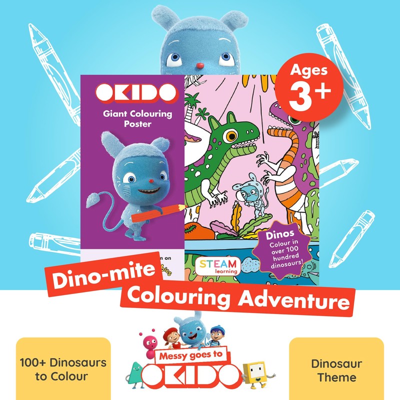 Messy goes to OKIDO - Dinosaur Colouring Sheets for Kids