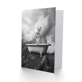 Artery8 Greeting Card Surreal Bunny Rabbit Hare in Bathtub Black White Blank For Him Or Her Art Birthday Card