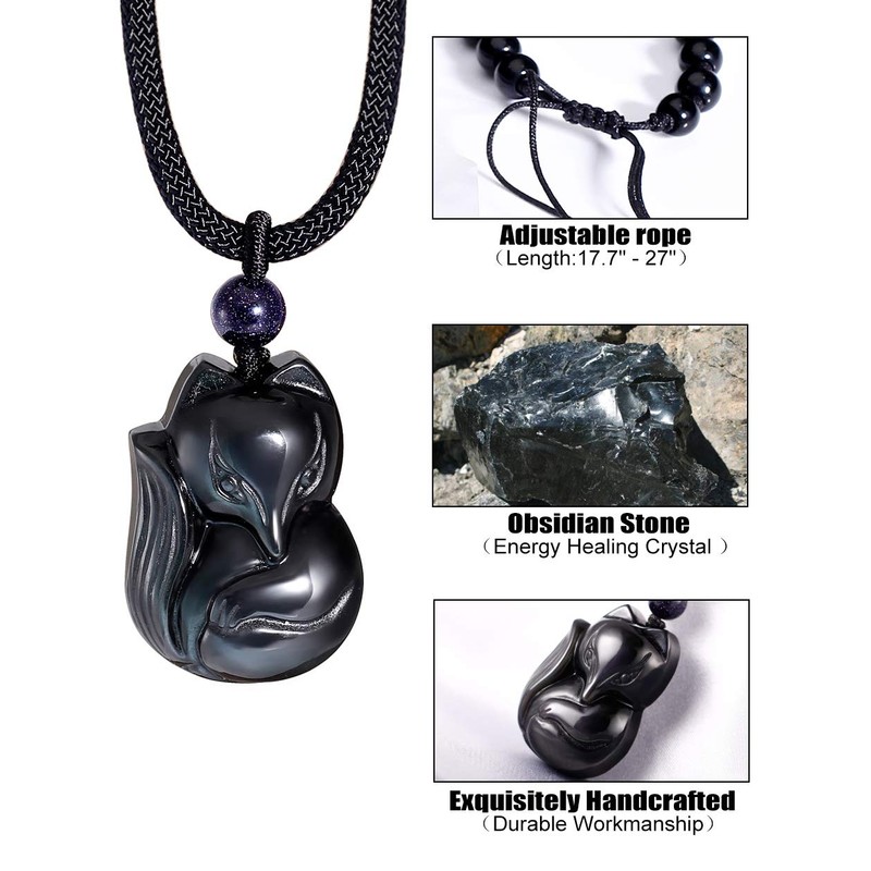 Lightock Obsidian Fox Necklace Pendant for Women Healing Energy Crystal