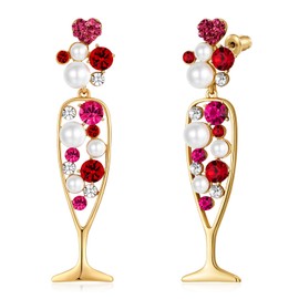 HolidayQbee Red Wine Earrings Gold Earrings For Women With Rhinestone And Pearl Statement Earrings Gold Dangle Earrings Drop Earrings Trendy Heart Rhinestone Earrings Fashion Jewelry