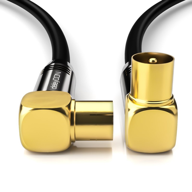 deleyCON TV Cable Plug 90°/Jack 90° Gold-Plated, Black