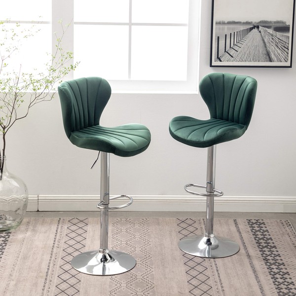 Roundhill Furniture Ellston Velvet Adjustable Swivel Barstools, Set of 2, Green