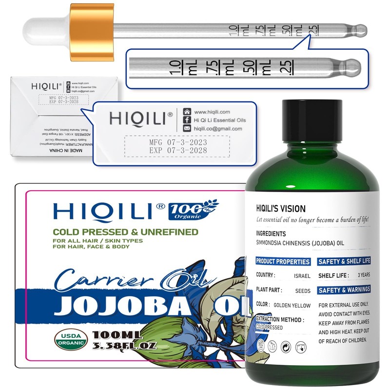 HIQILI Jojoba Oil 100 ml, 100% Pure and Natural Carrier