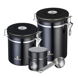 BERTILLE Stainless Steel Coffee Canister,22 oz +16 oz +1.1oz 3Piece Kitchen Food Storage Container with Date-Tracker, CO2-Release Valve and Measuring Scoop for Grounds Coffee, Beans,Tea （3Piece,Black）