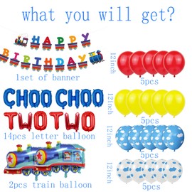 SKIRUP Choo Choo Due Decorazioni per feste per ragazzi di 2 anni, Forniture per feste di compleanno a tema treno, striscione treno di buon compleanno, palloncini in lattice nuvola, palloncini in