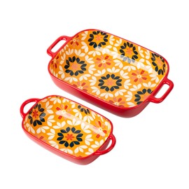 ONCCI Ceramic Baking Dish Set, 2-Piece Hand-painted Porcelain Rectangular Bakware set with Handles,Large 10.55"L*7.4"W and 7.87"L*5.4"WSmall Casserole Dish for Oven/Cooking/Kitchen(Golden Orange)