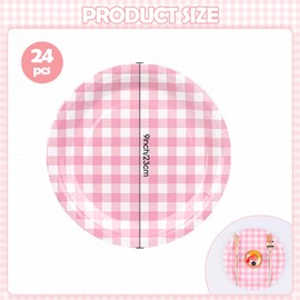 Houuqe 24Pcs Gingham Party Supplies Pink Paper Plates 9 inches Disposable Plaid Decorative Dinner Dessert Serving Plates for Baby Shower Wedding Birthday Party