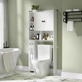 infurnic Over The Toilet Storage Cabinet, Farmhouse Storage Cabinet Above Toilet Bathroom Organizer with Toilet Paper Holder Space Saving for Bathroom, Laundry Room&Small Space, White