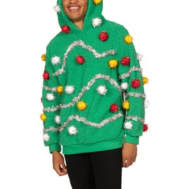 Tipsy Elves Men's Hooded Ugly Christmas Sweaters - Funny and Tacky Embellished Christmas Hoodies For Men - Oh Christmas Tree Ugly Christmas Hoodie w/Tinsel PomPoms and Stuffed Star Size XX-Large
