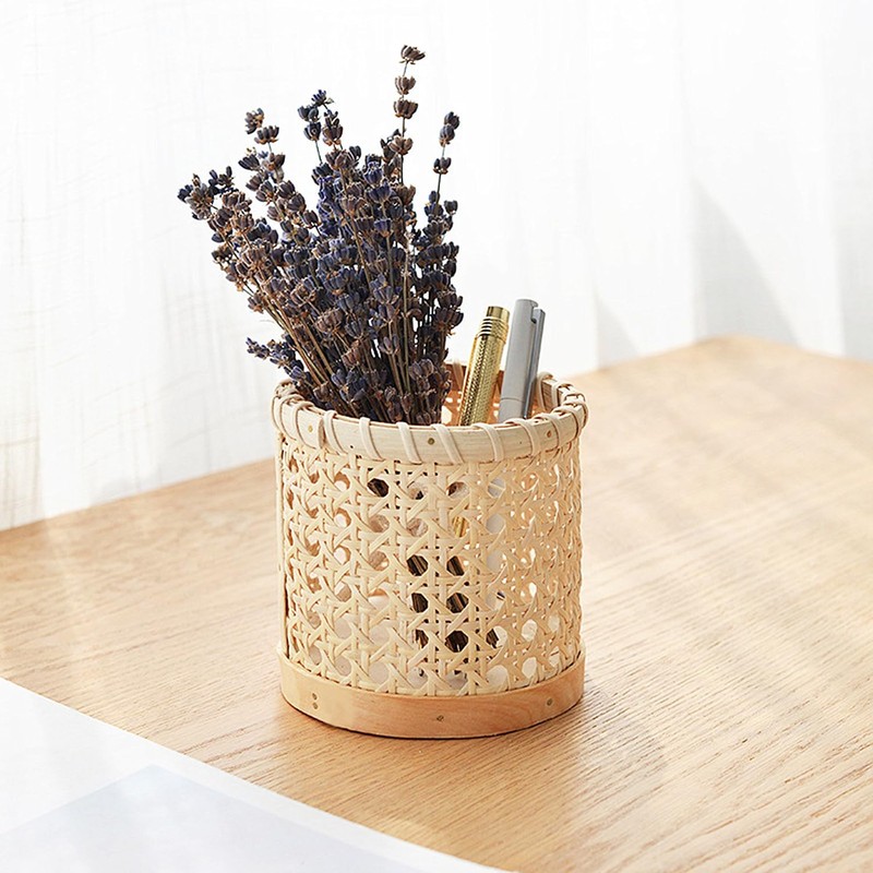 Rattan Pen Holder, Hand Woven Small Wicker Pen Cup Multi-Functional