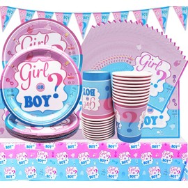 SHAMO Piece Baby Shower Decoration Set, 62 Pieces Blue and Pink Party Tableware, Gender Revel Party Tableware Set, Baby Shower Gender, Plates, Cups, Napkins, for Baby Shower Party Supplies