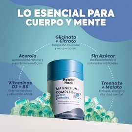 Magnesio Complex 6 Formas Bisglicinato Citrato Gomitas Health Hack  210 g, 60 gomitas, sabor mora azul, 6 formas de magnesio, vitamina B6 y D3,...    