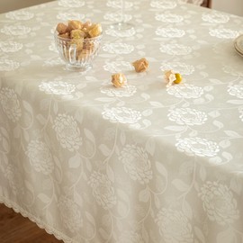 GLORY SEASON Textured Tablecloth Waterproof Spillproof Lace Trim Rectangle Jacquard Fabric Table Cloth, Kitchen Dinning Tabletop Decoration, Round Table Cover for Outdoor Use 55 x 70 Inch, Ivory White