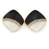 Clear Crystal Black/Cream Enamel Square Clip On Earrings In Gold