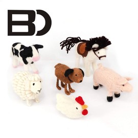 B & D Needle Felt Animal, Needle Wool Domestic Fowl Ornament,White Rooster, Horse, Sheep, Pink Pig, Cow, and Dog, Set of 6 Pieces
