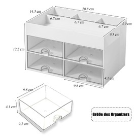 YUNSHANGHE Desk Organiser, Plastic Office Organiser with 4 Drawers and Compartments, Multifunctional Pen Holder Desk, Pen Holder for Office, School, Home (White)