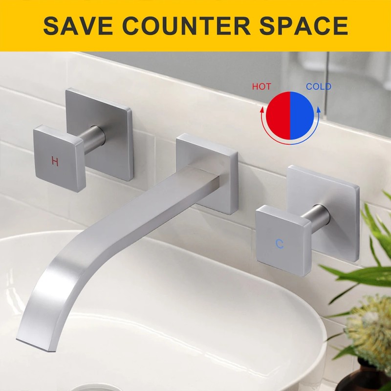 Wall-Mounted Bathroom Sink Faucet Brushed Nickel Waterfall Bathroom Faucet Solid
