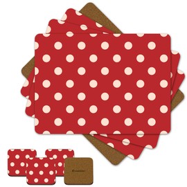 Moderry Set of 4 Heat Resistant Cork Placemats for Dining Table with Free Set of 4 Matching Drink Coasters Cream & Red Polkadot Design 16 x 12 Inches Cork Backed Hard Placemats (Red Polkadot)