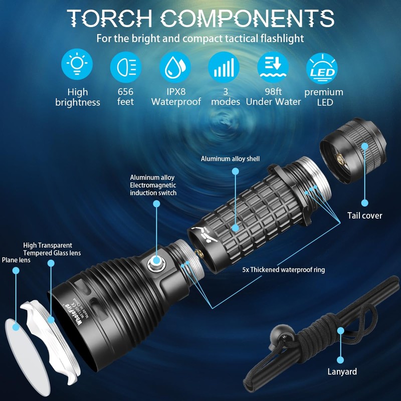 WholeFire Underwater Diving 2000 Lumens Scuba Diving Torch, LED Diving