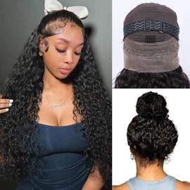 Ebarly Hidden Strap 360 Full Lace Front Wigs Human Hair Pre Plucked Bleached Knots 220 Density Water Wave HD Lace Frontal Wig with Drawstring Natural Hairline Glueless Wigs for Women(24 inch)