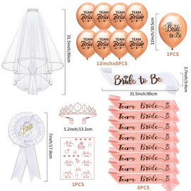 iZoeL Bride to be Sash, 8 x Team Bride Sashes, Wedding Veil, Crown Bride, Bridal Badge, 8 x Rose Gold Balloons, Tattoo JGA Sash, Hen Party Accessories