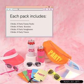 Neon Bachelorette Fanny Packs | 28 pc Set of 7 Bachelorette Party Favors & Accessories - 1 'Wife of the Party' & 6 'Party' Neon Fanny Packs with Sunglasses & Visors | 80s Retro Bachelorette Party Kit